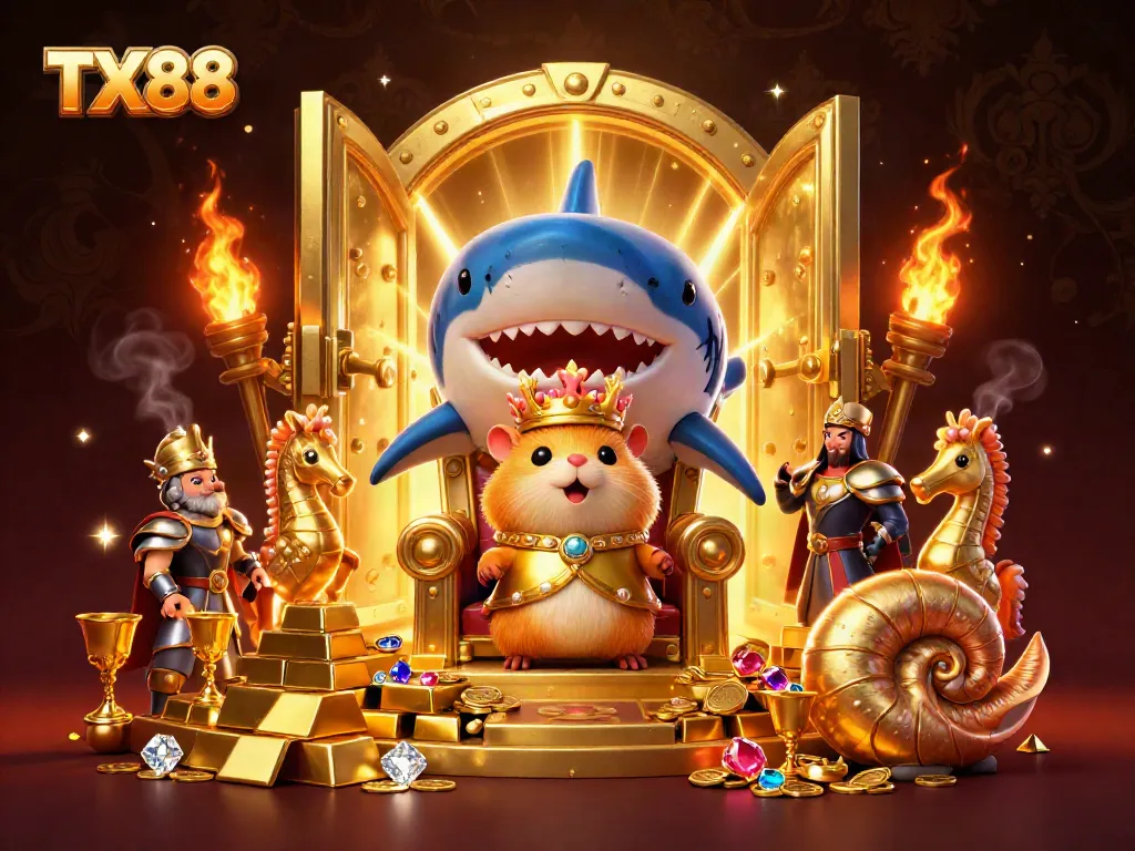 Experience the thrill of TX88 with a golden hamster king on a megalodon throne in a vibrant casino scene.