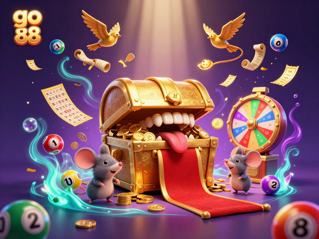Join the excitement of go 88, capturing treasures with a golden treasure chest amidst vibrant lottery elements.