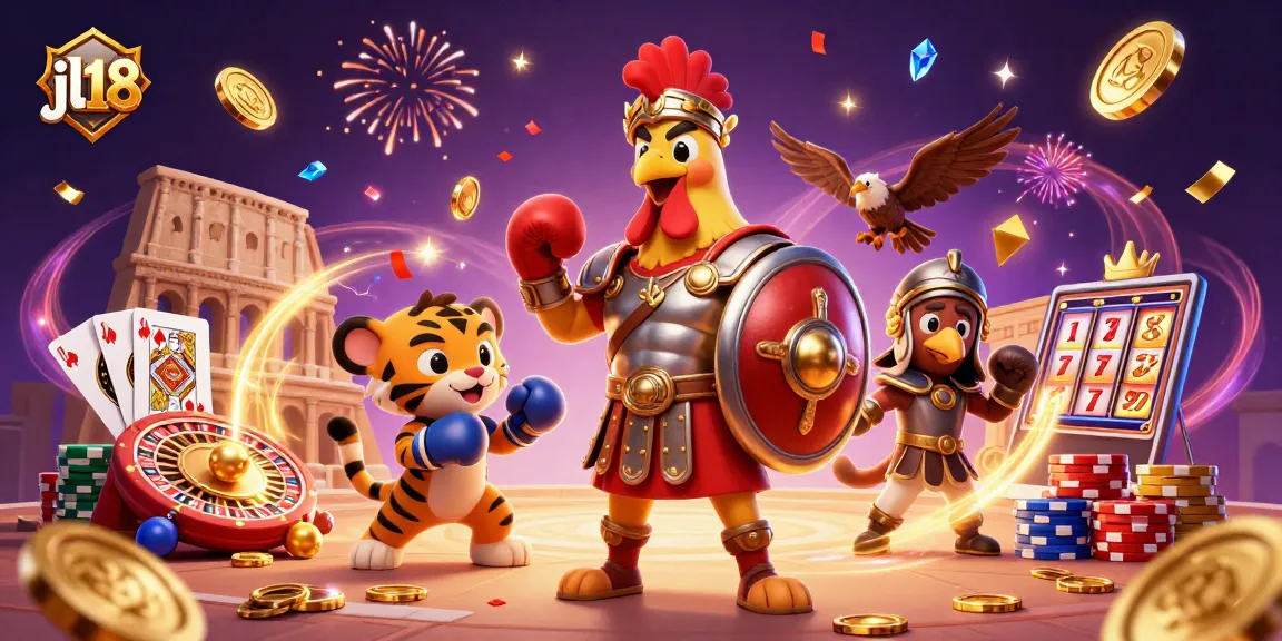 Engage with exciting games at jl18, featuring a 3D cartoon gladiator rooster and dynamic casino elements.