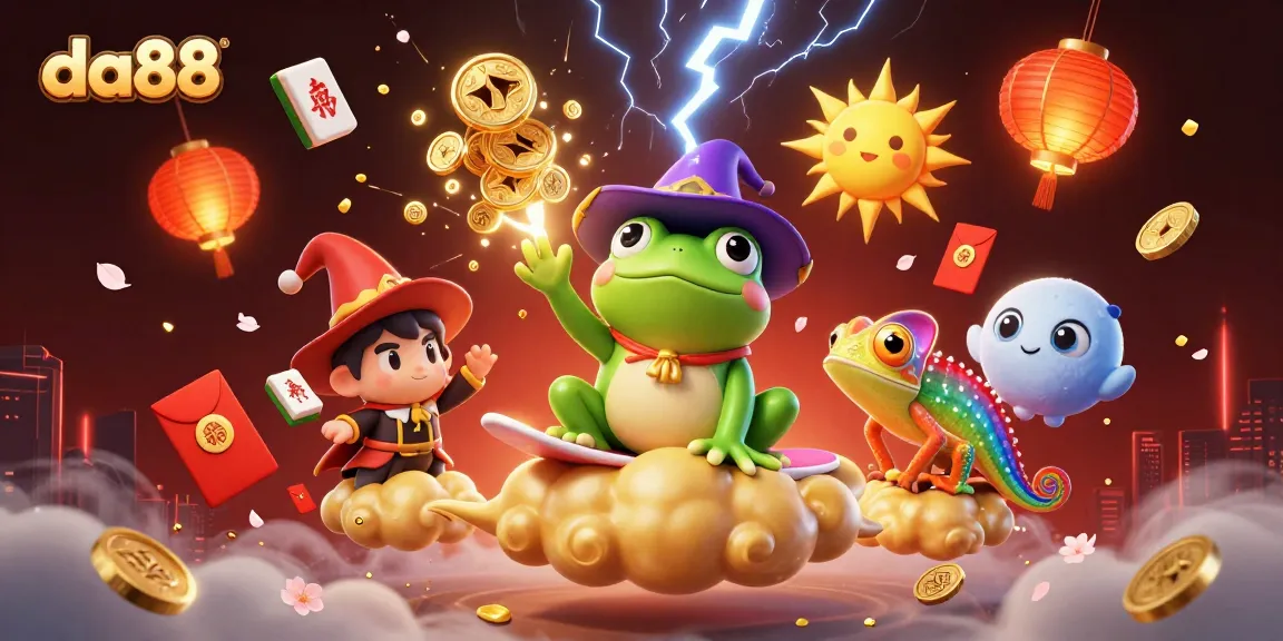 Experience the gaming thrill with da88 as magical characters create a coin storm in a vibrant casino scene.