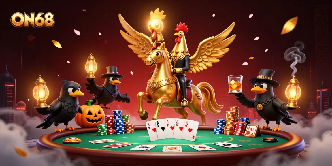 Experience an exciting game at ON68 with our golden rooster character in a vivid casino scene.