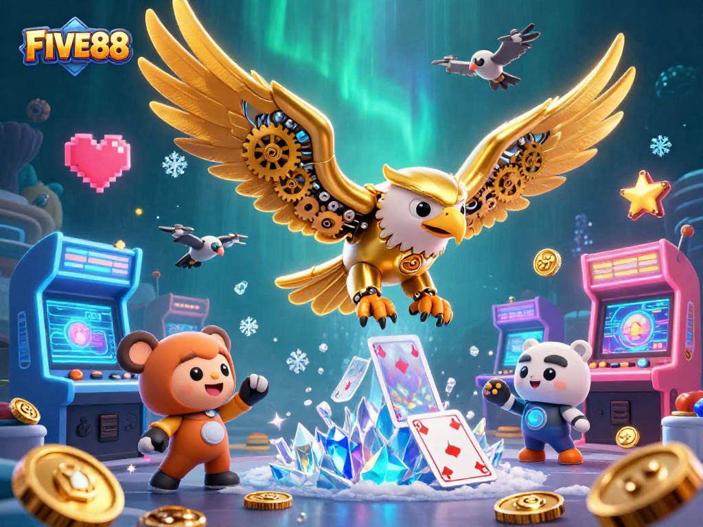 Engage in thrilling gaming at FIVE88, featuring dynamic visuals of a cybernetic eagle soaring through holographic cards.