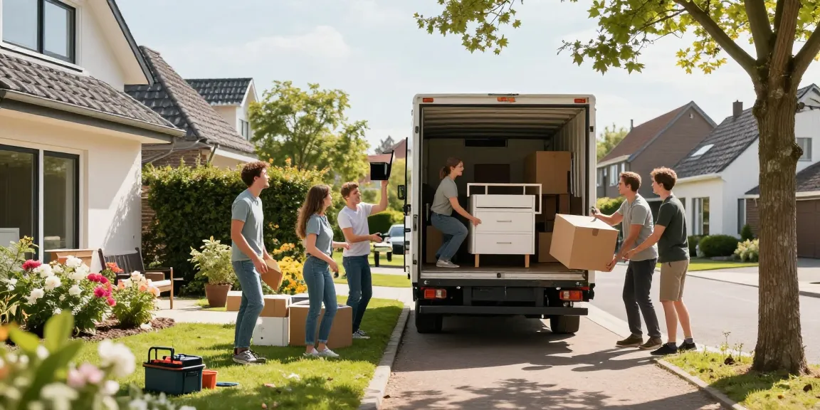 Reliable verhuisbedrijf den haag team loading furniture into a moving truck on a sunny day.