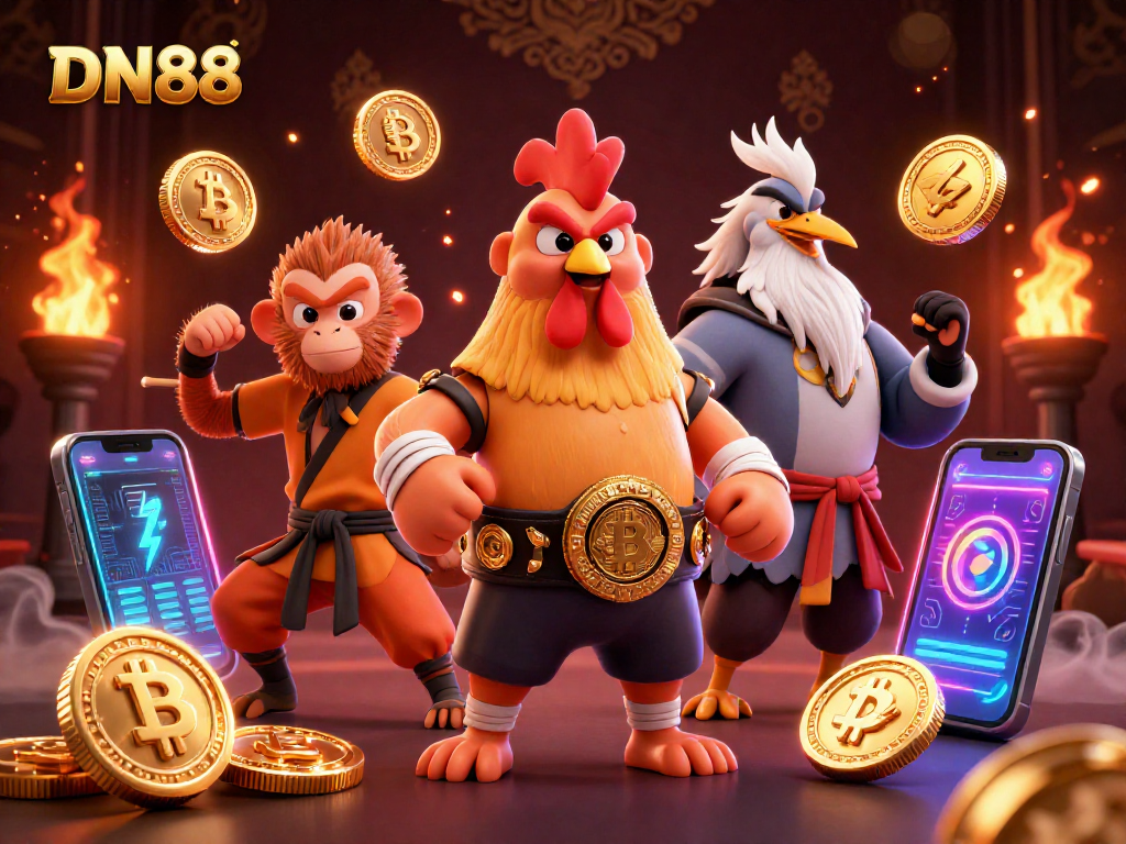Engage with DN88's vibrant online casino experience featuring unique characters and crypto-themed elements.