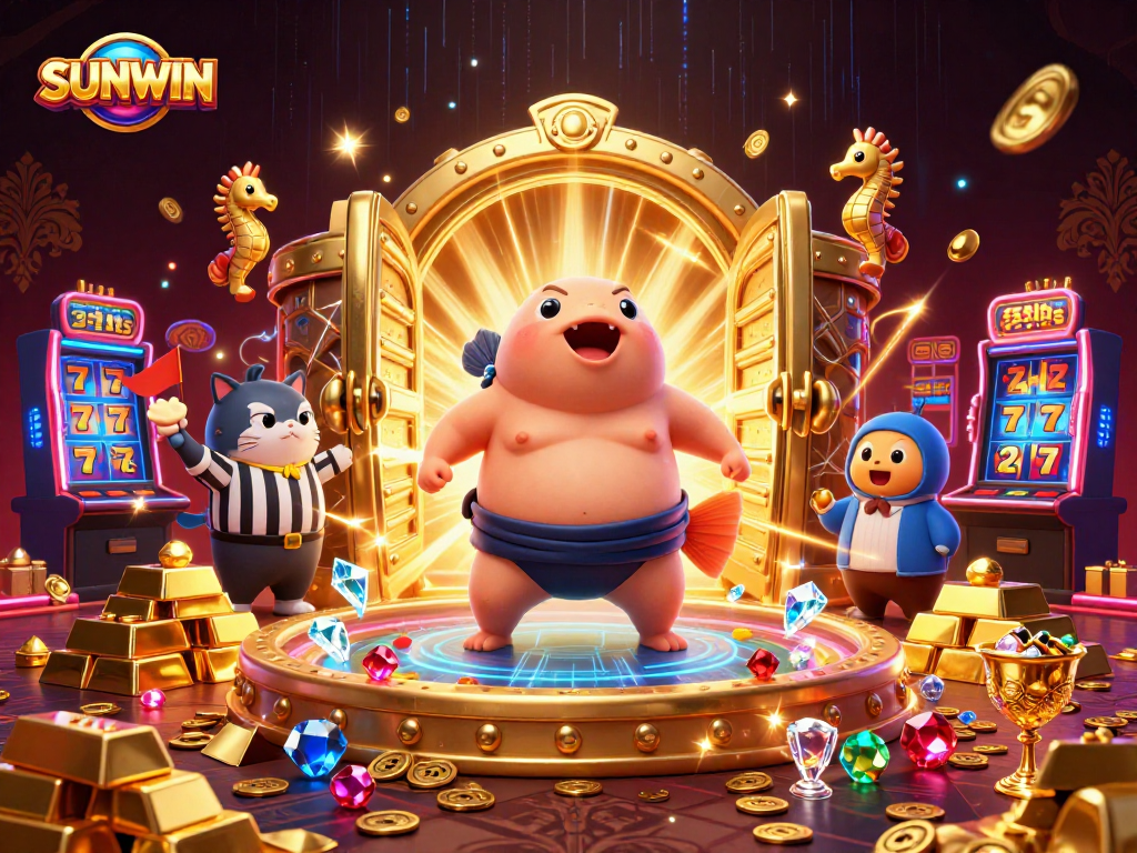 SUNWIN showcases a vibrant underwater casino scene with a blowfish, catfish referee, and slot machines.