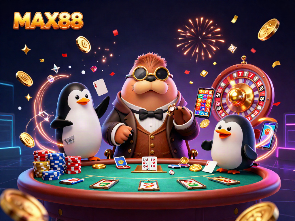 Experience MAX88's thrilling underwater poker scene with a jolly walrus and flashy slot reels.