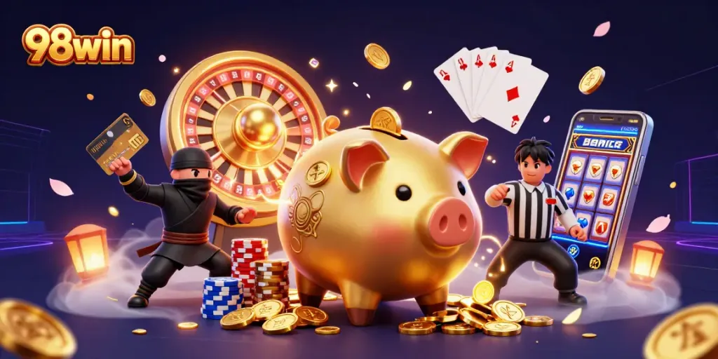 Experience the excitement of 98win with a vibrant 3D casino scene featuring characters and game elements.