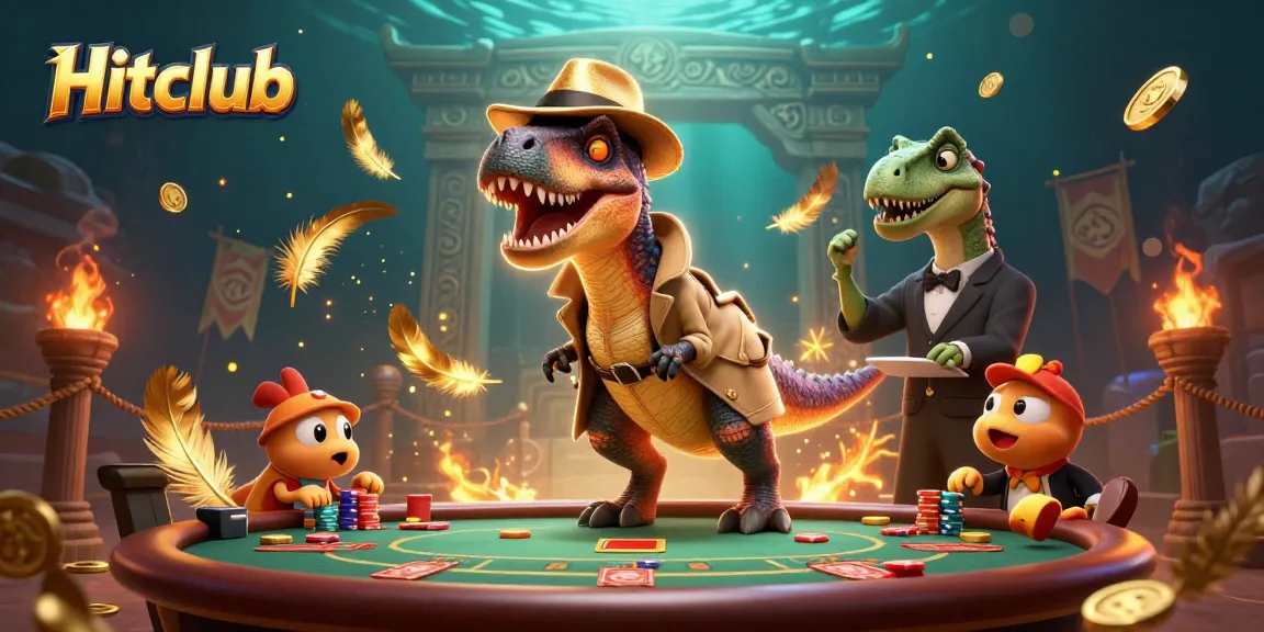 Engage in thrilling blackjack action at Hitclub with a velociraptor, stegosaurus, and compy in a vibrant casino scene.