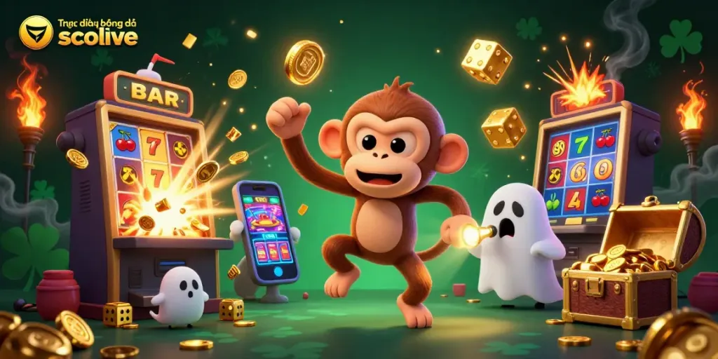 Engage in Trực tiếp bóng đá socolive with characters juggling casino elements in a dynamic scene.