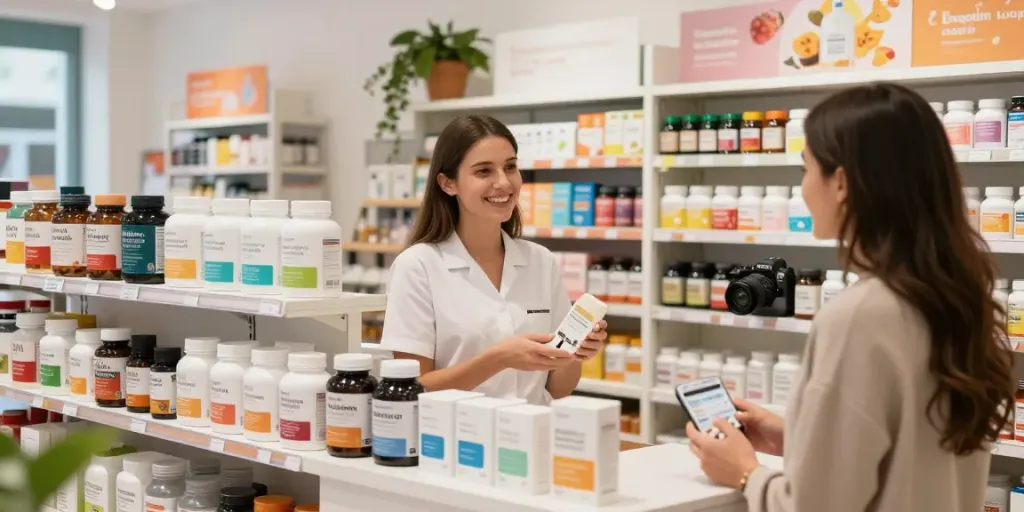Health supplement retail scene at https://biolabshop.nl/ with customer assistance and diverse nutritional products.