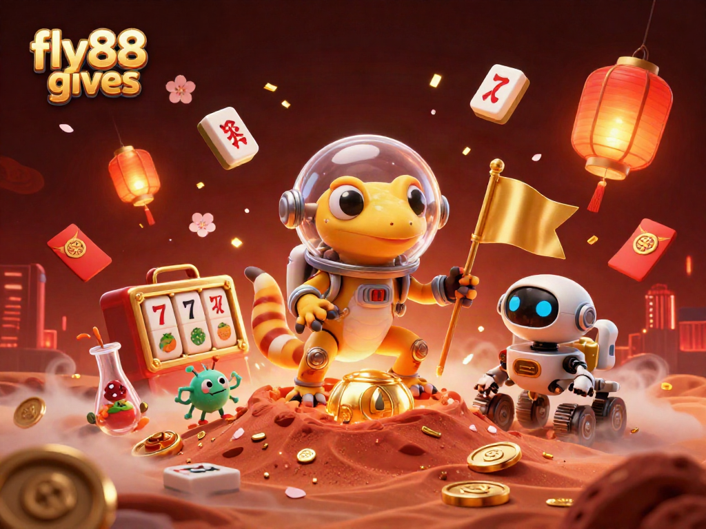 Join the Martian gecko in a vibrant casino adventure by fly88 gives, surrounded by lucky treasures.