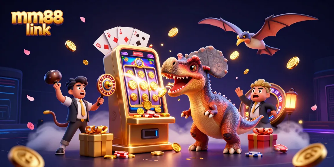 Experience the thrill of winning with mm88 link as dinosaurs imagine jackpots in a vibrant casino scene.