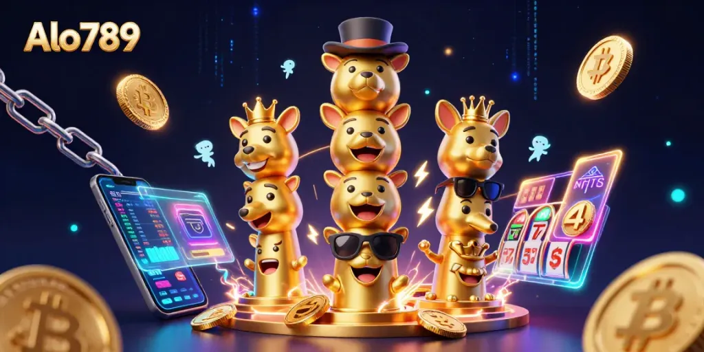 Alo789 features a vibrant 3D cartoon totem pole surrounded by glowing cryptocurrencies and dynamic casino game elements.
