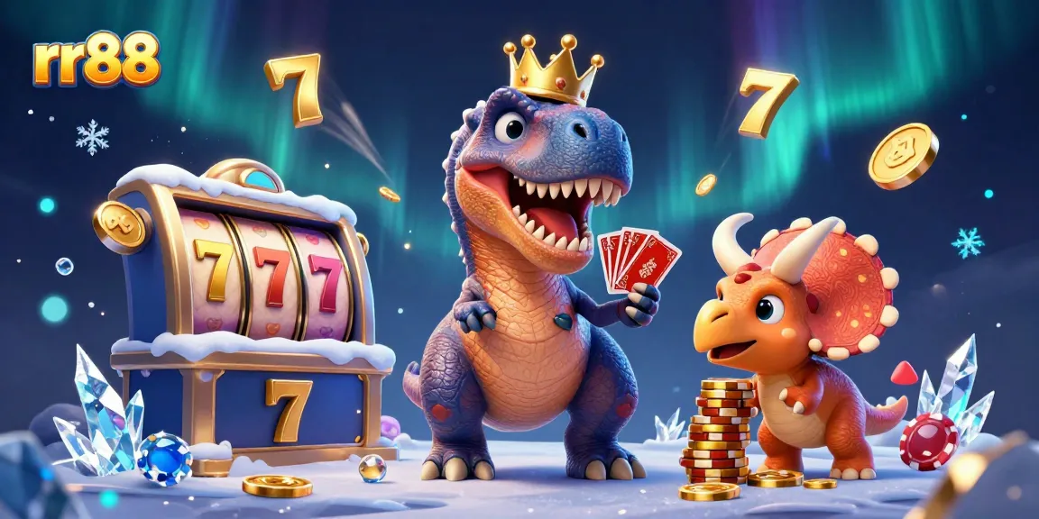 Engage in thrilling gameplay at rr88 with a lively casino scene featuring unique dinosaur characters.