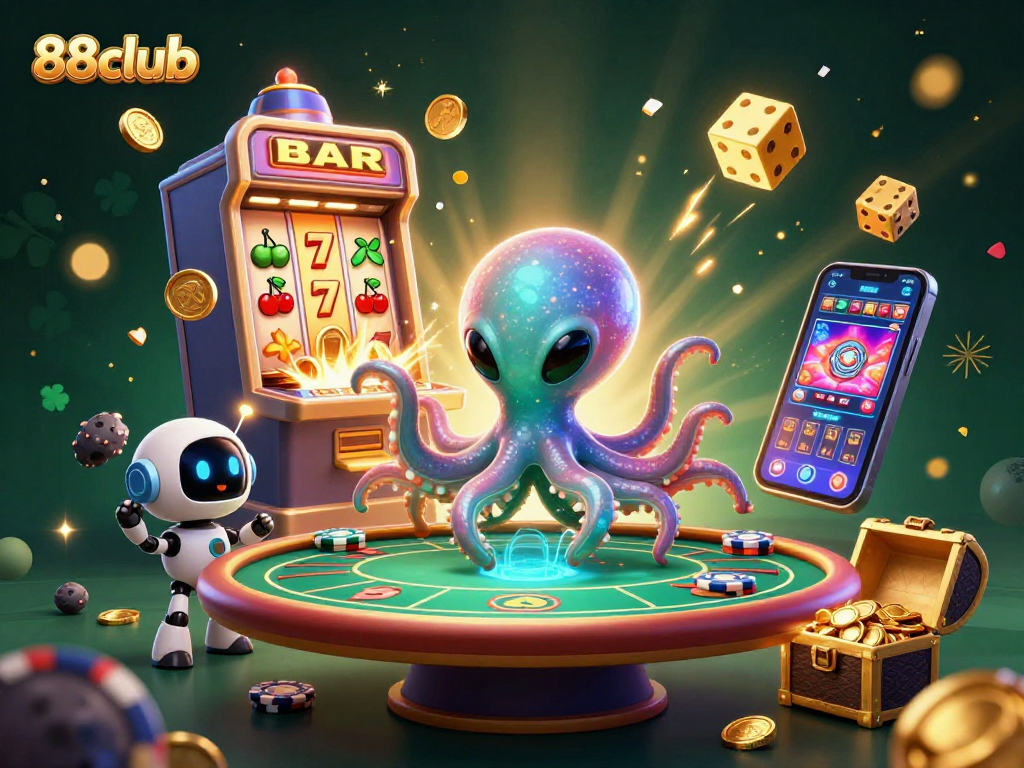 Experience thrilling wins at 88club with a dazzling alien casino scene unveiling exciting slot action.