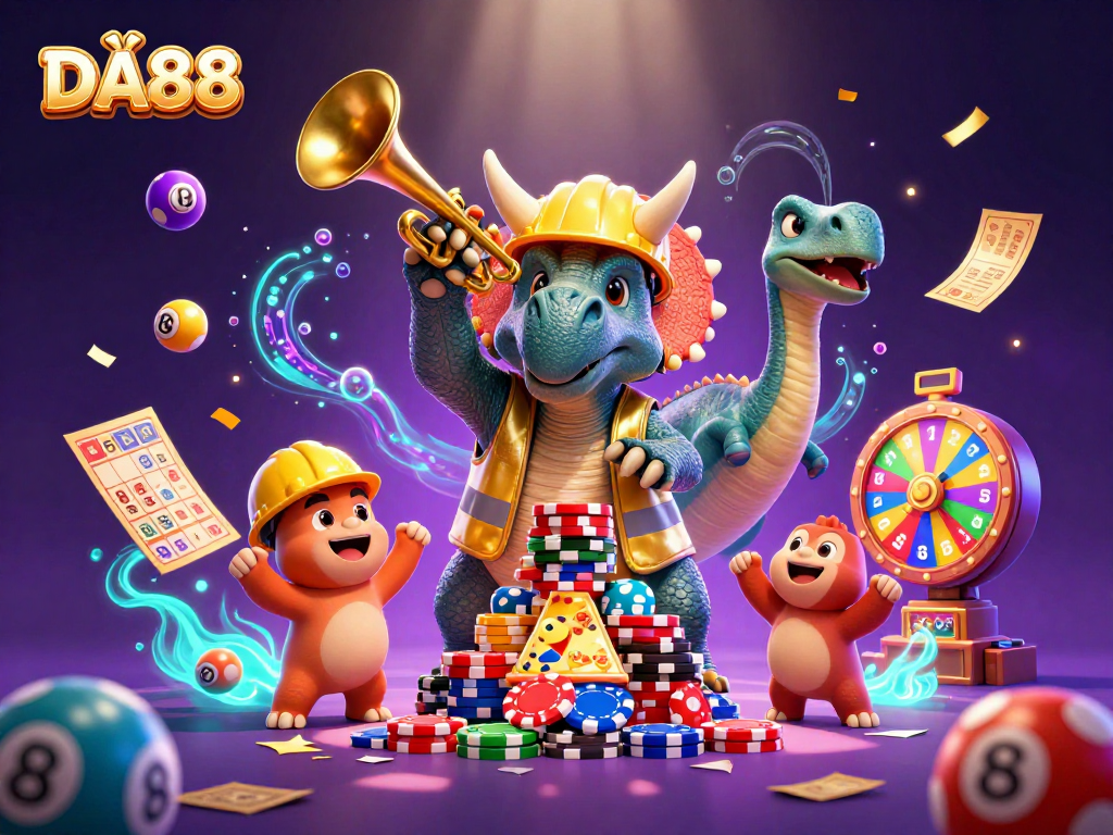 Experience DA88's thrilling world of gaming with a colorful 3D casino celebration scene.