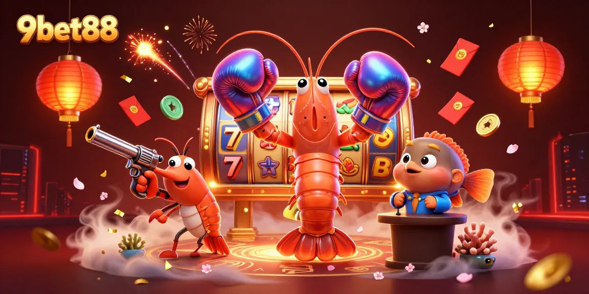 Spin the reels with 9bet88 in this vibrant illustration showcasing lively slot action and dynamic characters.