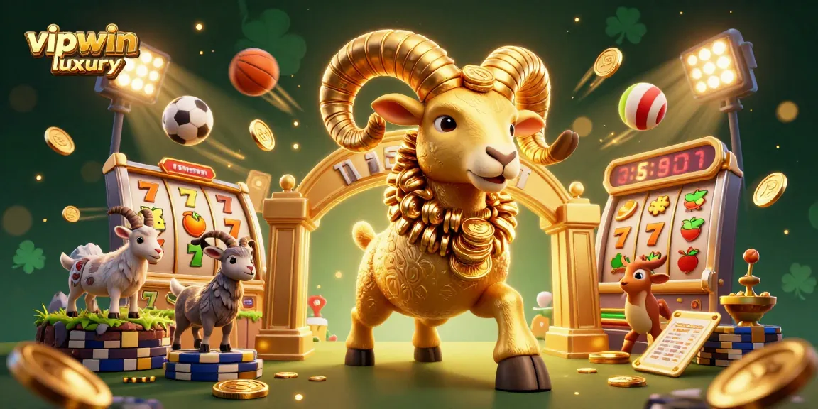 Win big with vipwin luxury: 3D golden ram amid slot reels and sports betting elements.
