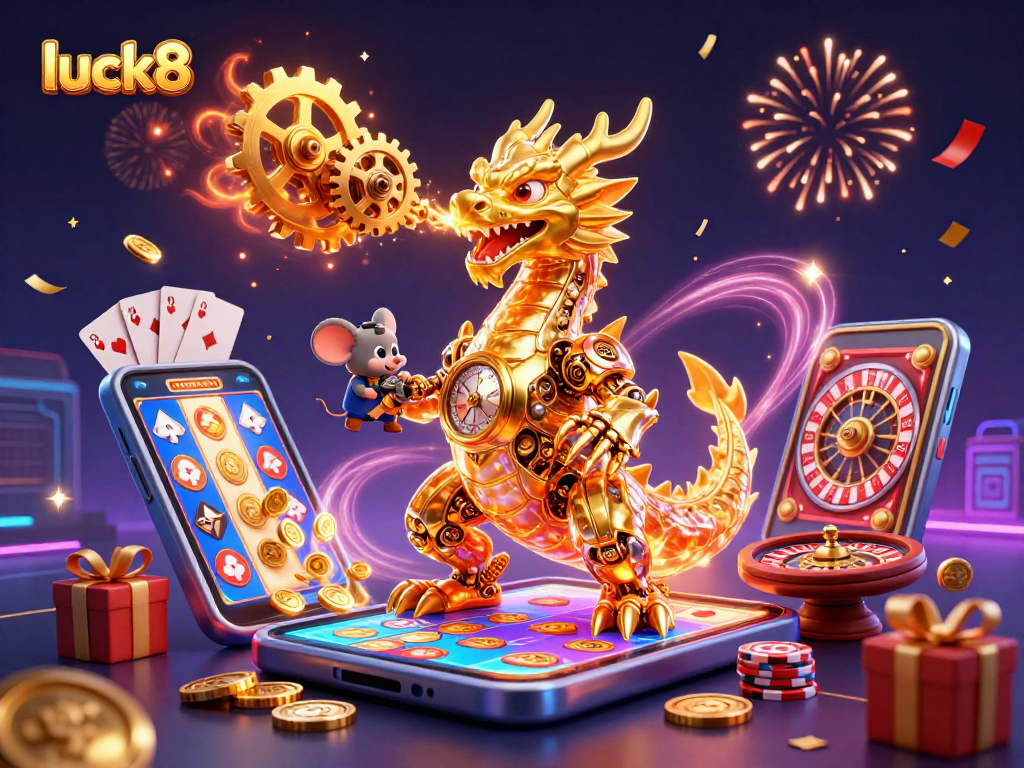Engage with luck8's exciting world, featuring a golden dragon and vivid slot games amidst dynamic celebrations.
