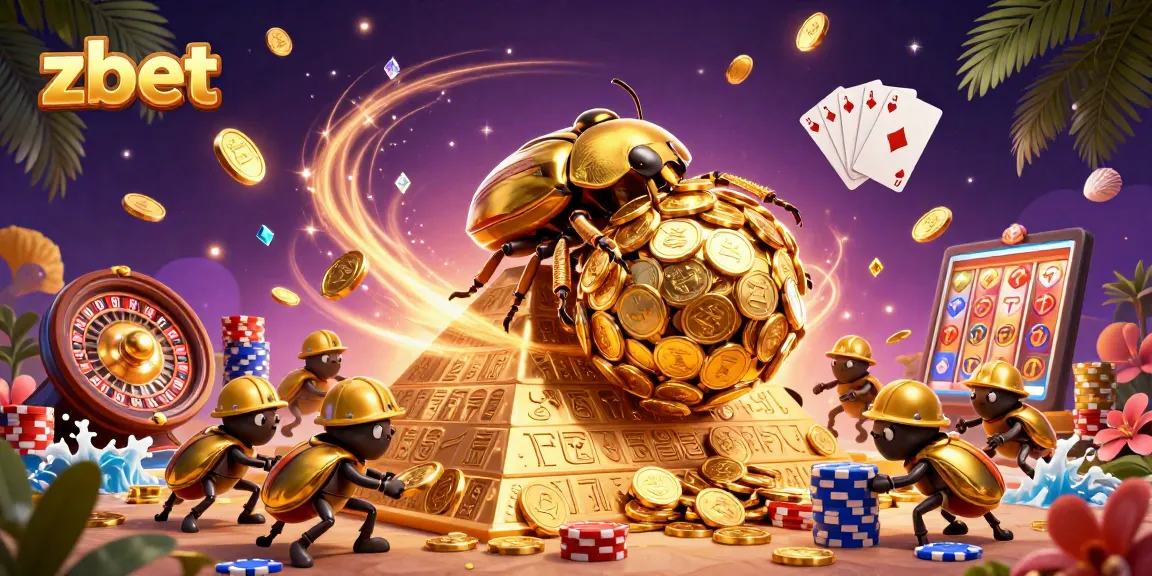 Experience excitement with zbet as golden dung beetles showcase casino riches in a vibrant scene.