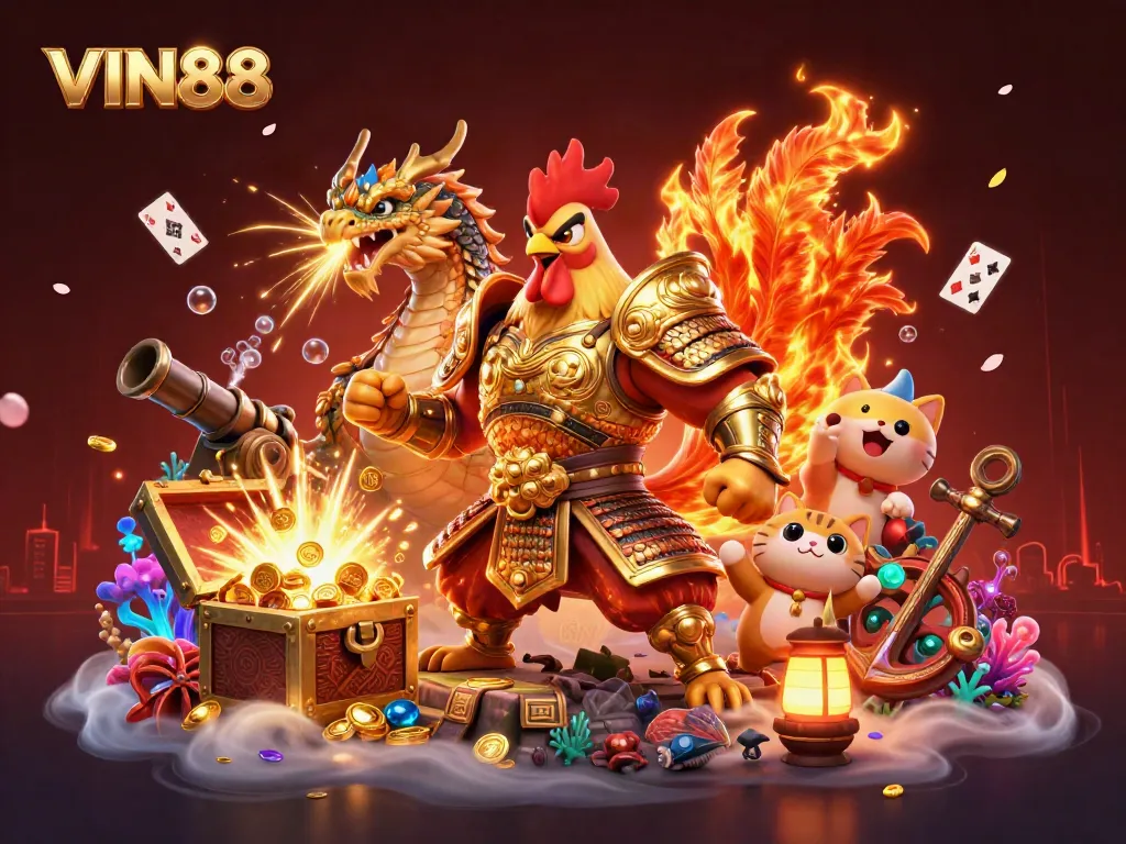 VIN88 showcases a powerful rooster warrior and dragon hatchling amidst treasures in an explosive casino-themed illustration.