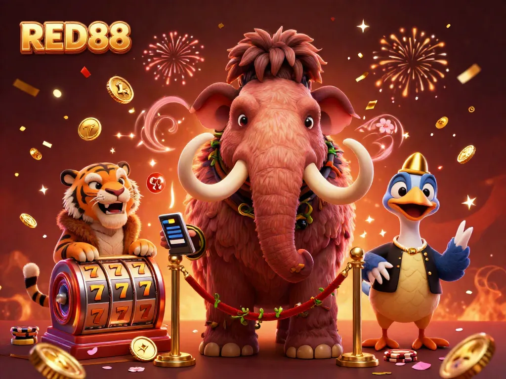 Experience the vibrant thrill of RED88 with dynamic characters and casino elements in this stunning illustration.