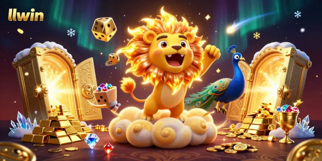 Engage with the vibrant llwin scene showcasing a triumphant lion amidst casino gold and treasures.