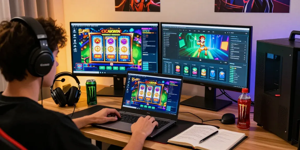 CICAKWIN gaming experience with user engaging on laptop in a cozy setup showcasing vibrant graphics and gaming accessories.
