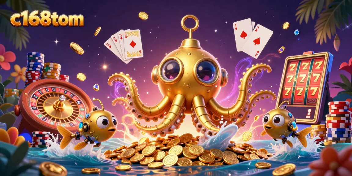 C168tom showcases a dynamic 3D casino scene with a golden kraken submarine surfacing through coins, emphasizing thrilling gameplay.