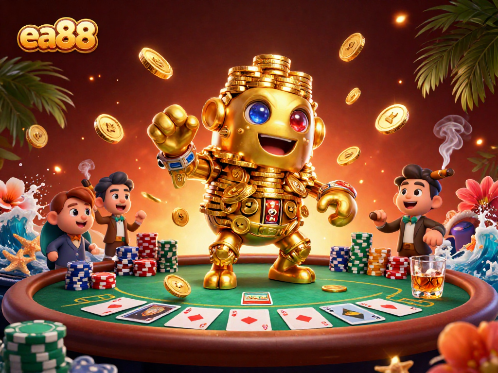 Spin and win at ea88's vibrant casino featuring a golden golem and poker chips!
