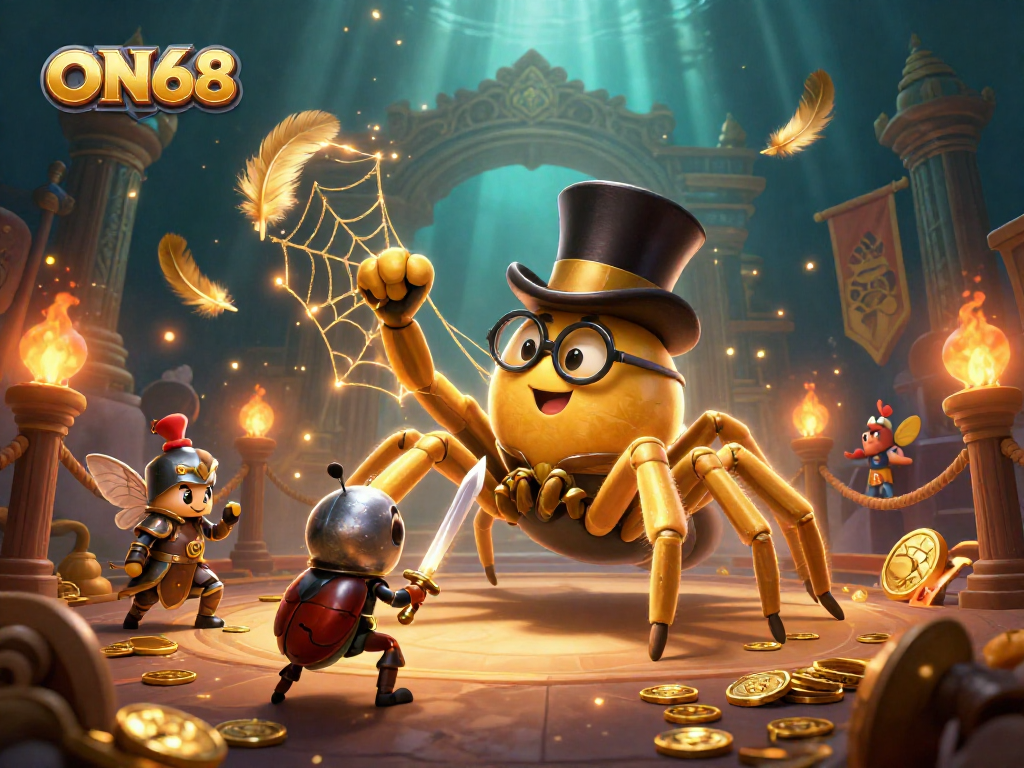 Experience the excitement of ON68 with a vibrant 3D illustration showcasing a golden tarantula and beetle knight in a dynamic casino scene.