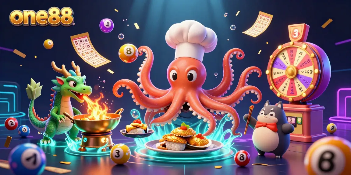 Engage in exciting gameplay with one88's vibrant casino scene featuring dynamic lottery elements and characters.