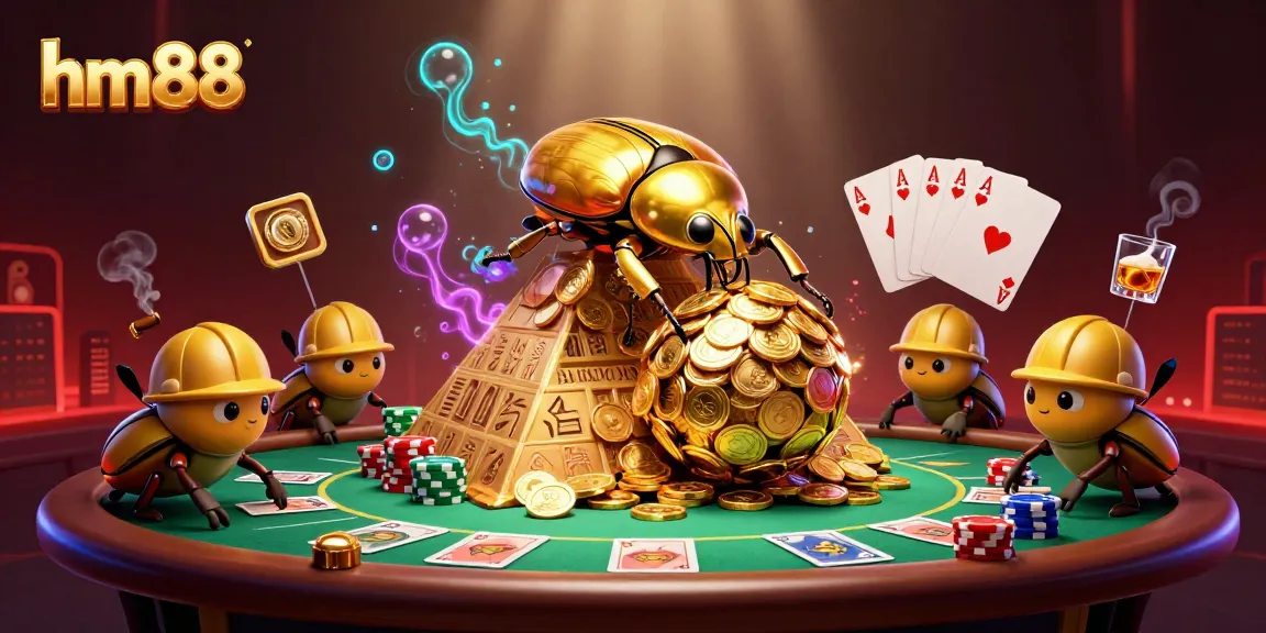 Join the excitement at hm88 by witnessing a golden dung beetle rolling coins and playing thrilling poker.