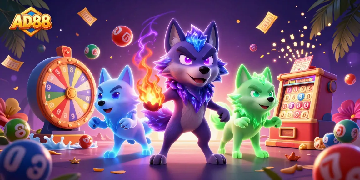 Experience the thrill of AD88 with vibrant lottery elements and ghostly wolves in action.