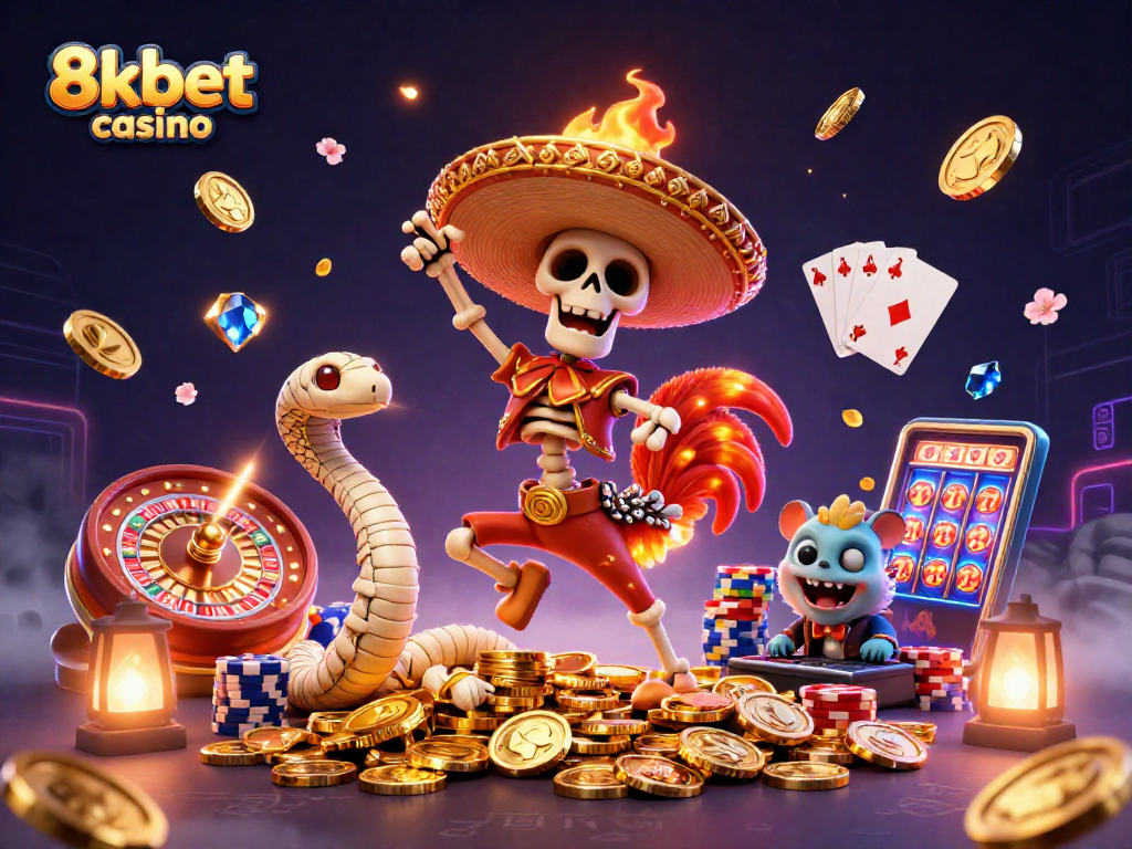 Celebrate wins at 8kbet casino with vibrant characters dancing on gold.