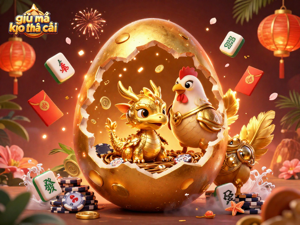 Engage with giải mã kèo nhà cái as the golden baby dragon emerges from a cracking egg amidst vibrant gaming elements.