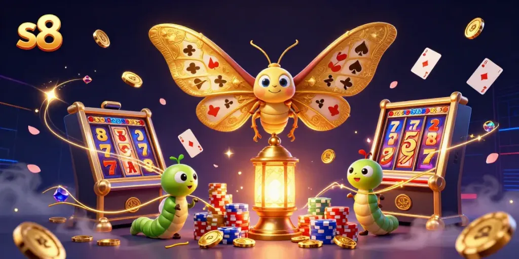 Win big with s8: vibrant illustration of casino slot scene with 3D moth and joyful elements