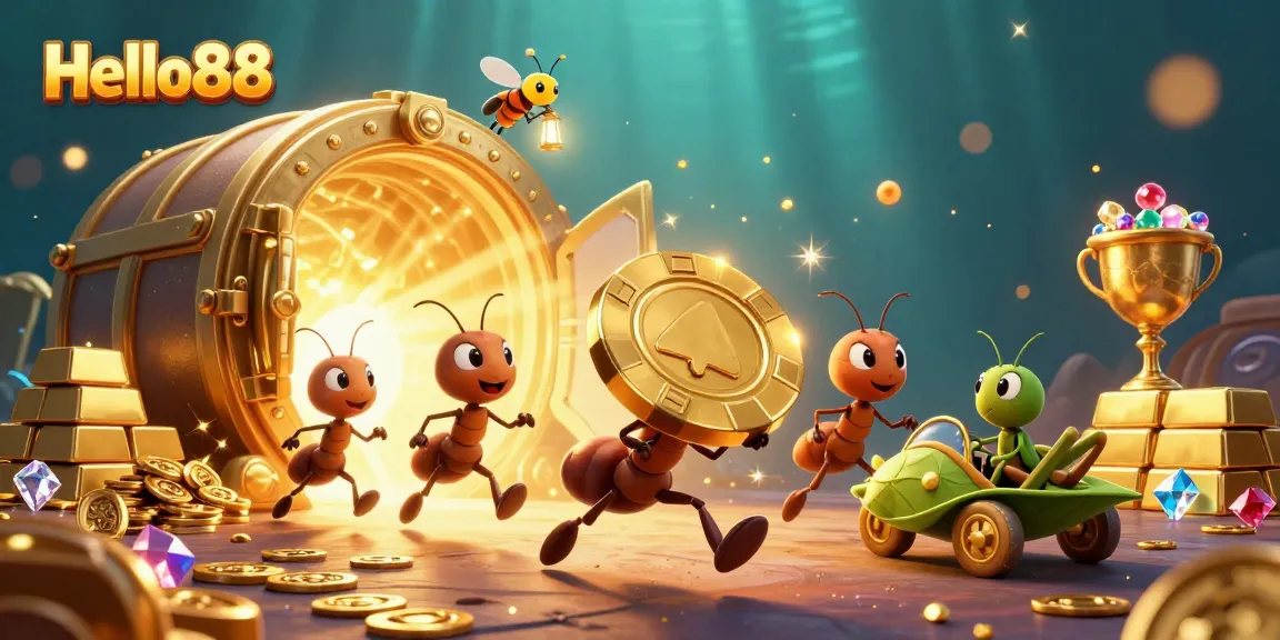 Experience Hello88 with a thrilling heist by cartoon ants amidst dazzling casino treasures.