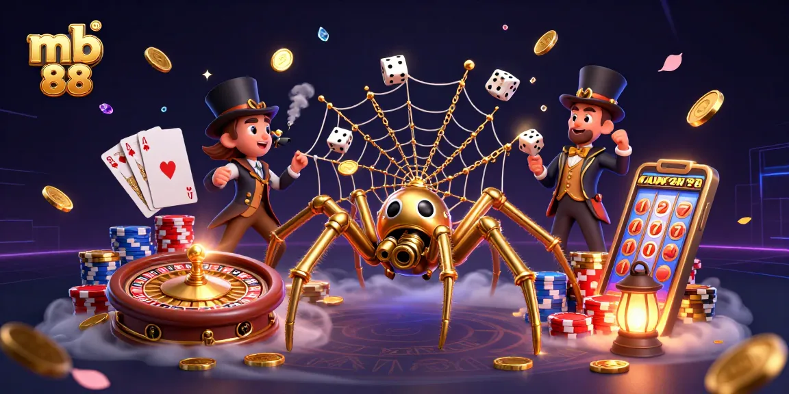 Khám phá thế giới cá cược tại mb 88 với hình ảnh nhện vàng steampunk và các yếu tố trò chơi hấp dẫn.