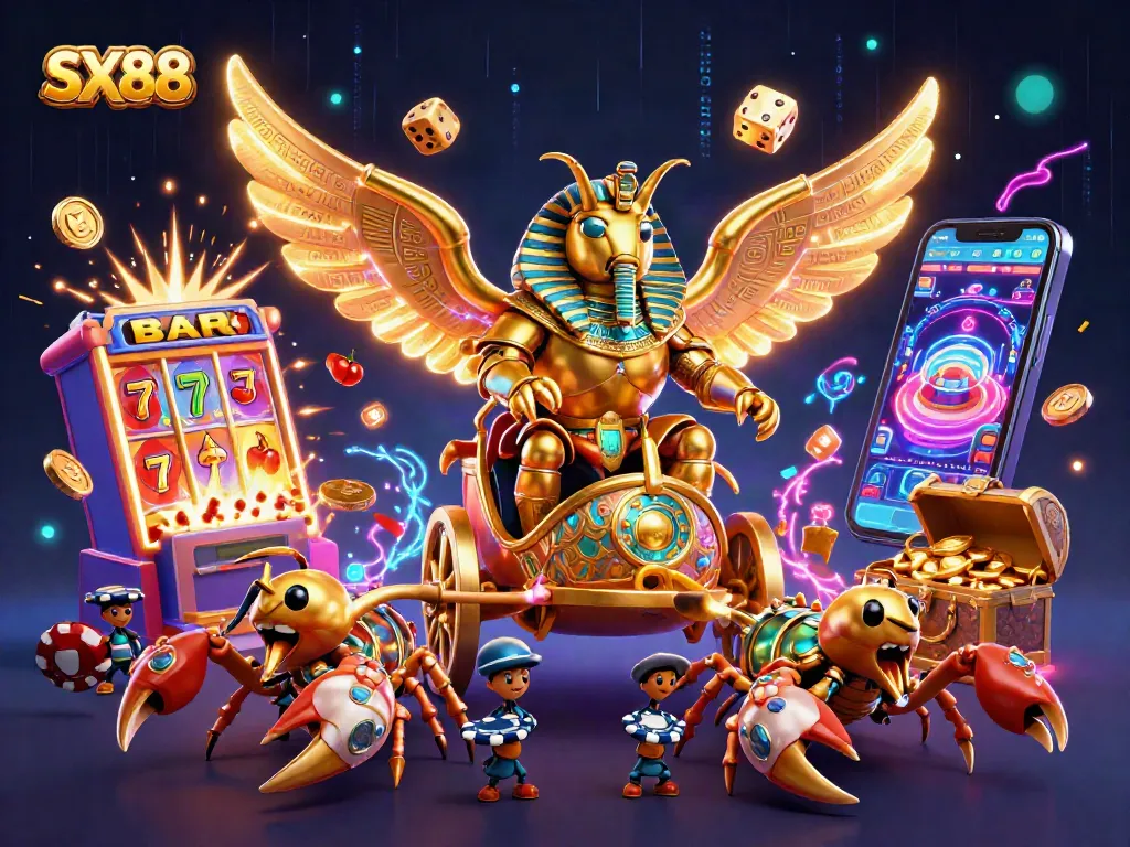 SX88 themed illustration with vibrant casino elements, showcasing a dynamic gaming experience.