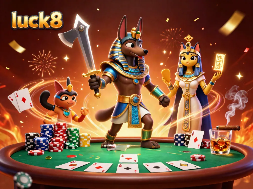 Experience luck8 gaming thrills with Anubis and Bastet in vibrant casino action.
