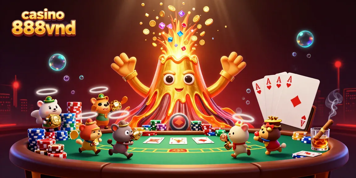 Engage with casino 888vnd as a golden volcano erupts treasure in a vibrant 3D scene.