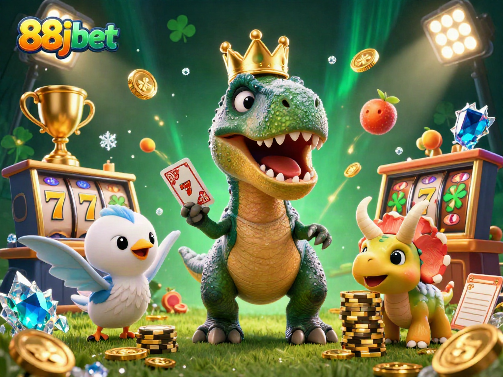 Engage with 88jbet through a vivid 3D casino scene featuring vibrant characters and dynamic slot elements.