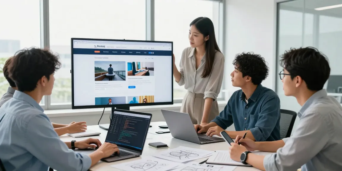 Zakelijk website maken met een professioneel team dat samenwerkt aan een ontwerp in een moderne kantooromgeving.