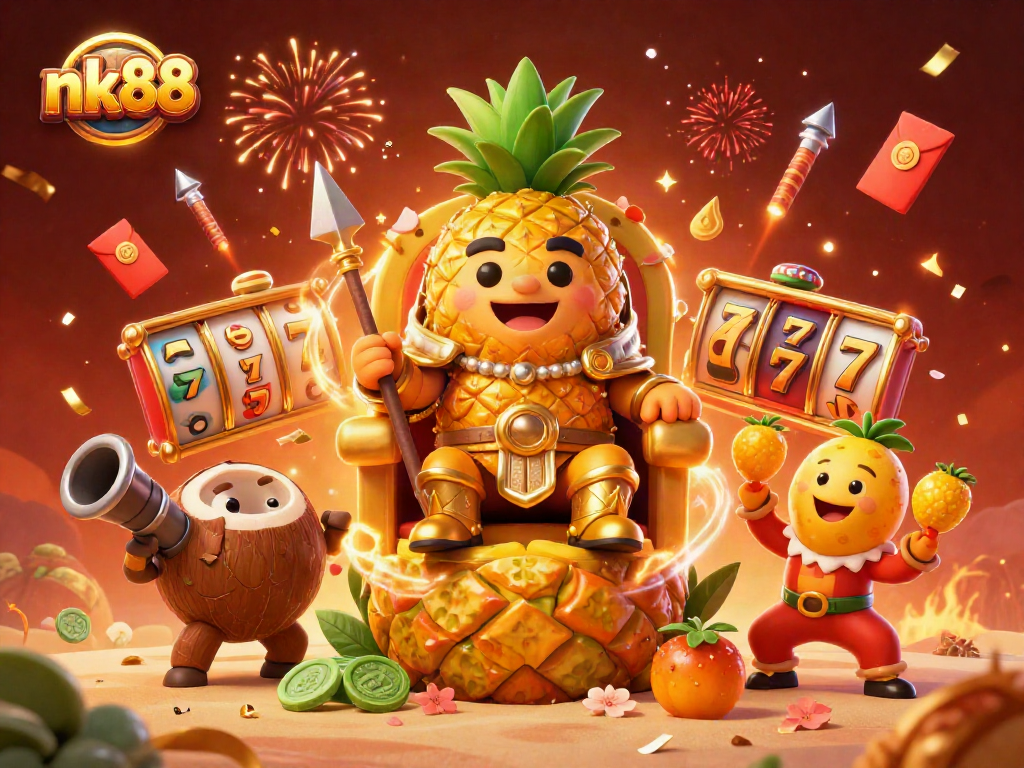 Experience nk88's thrilling slot reels with the golden pineapple king and friends celebrating at a vibrant beach casino.