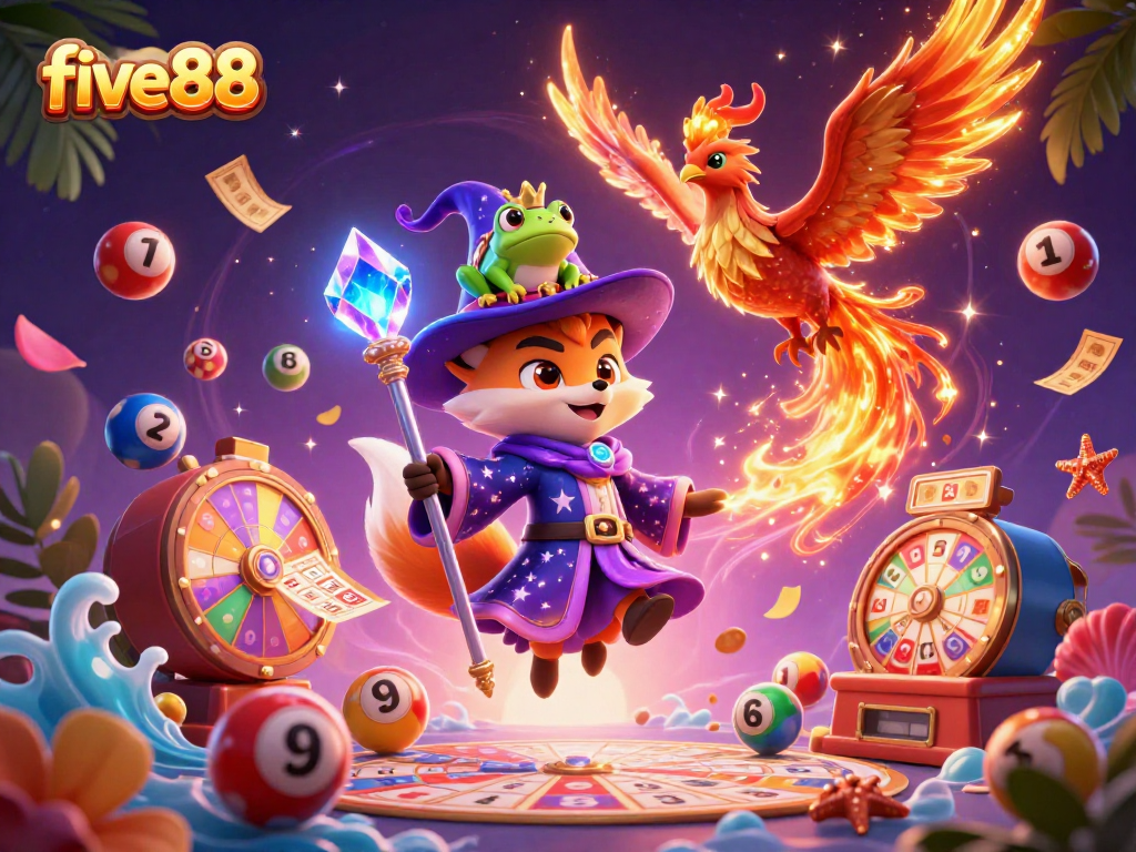 Engage in exciting lottery action with five88's vibrant, magical illustration showcasing captivating characters.