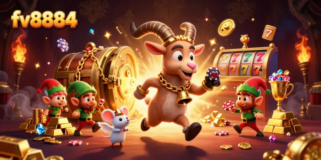 Join the action at fv8884 casino where gremlins steal chips, surrounded by gold and treasures.