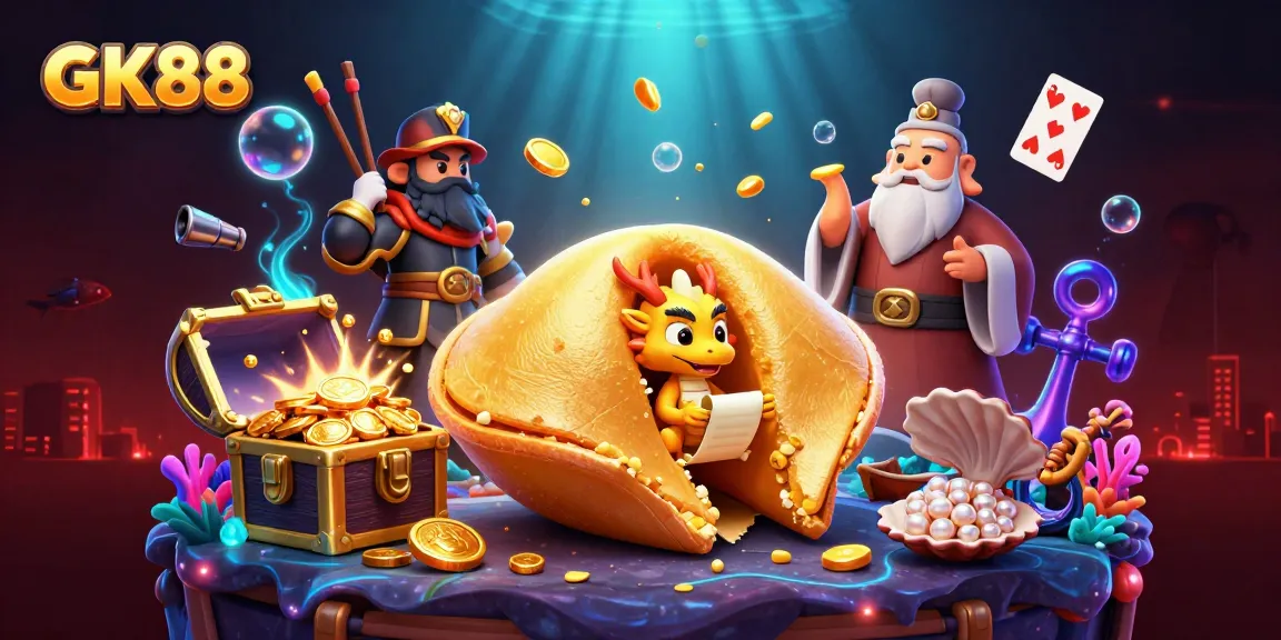 GK88 showcases a dynamic 3D cartoon scene packed with fortune elements and gold treasures.