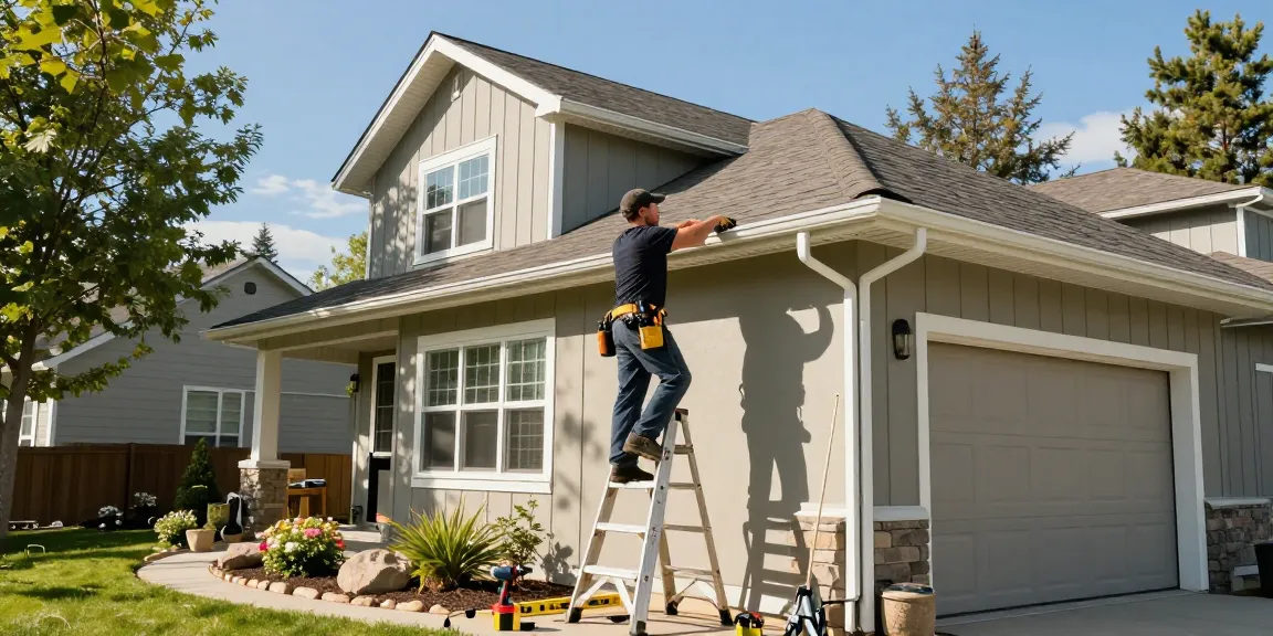 Spokane gutter company contractor installing seamless gutters on residential home with lush garden.