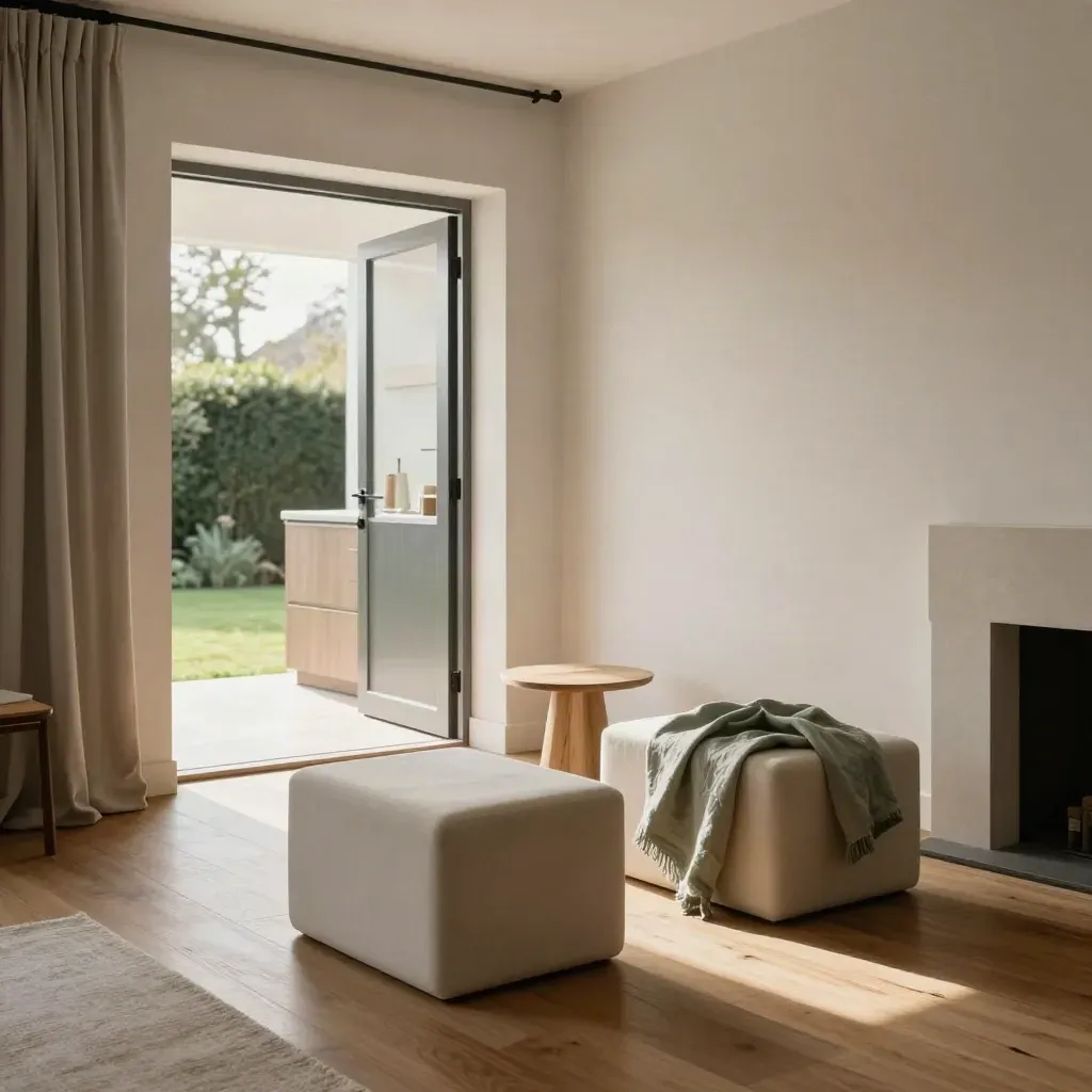 Open woonkamer met verbrede looproute, foam blokken en open doorgang naar de keuken.
